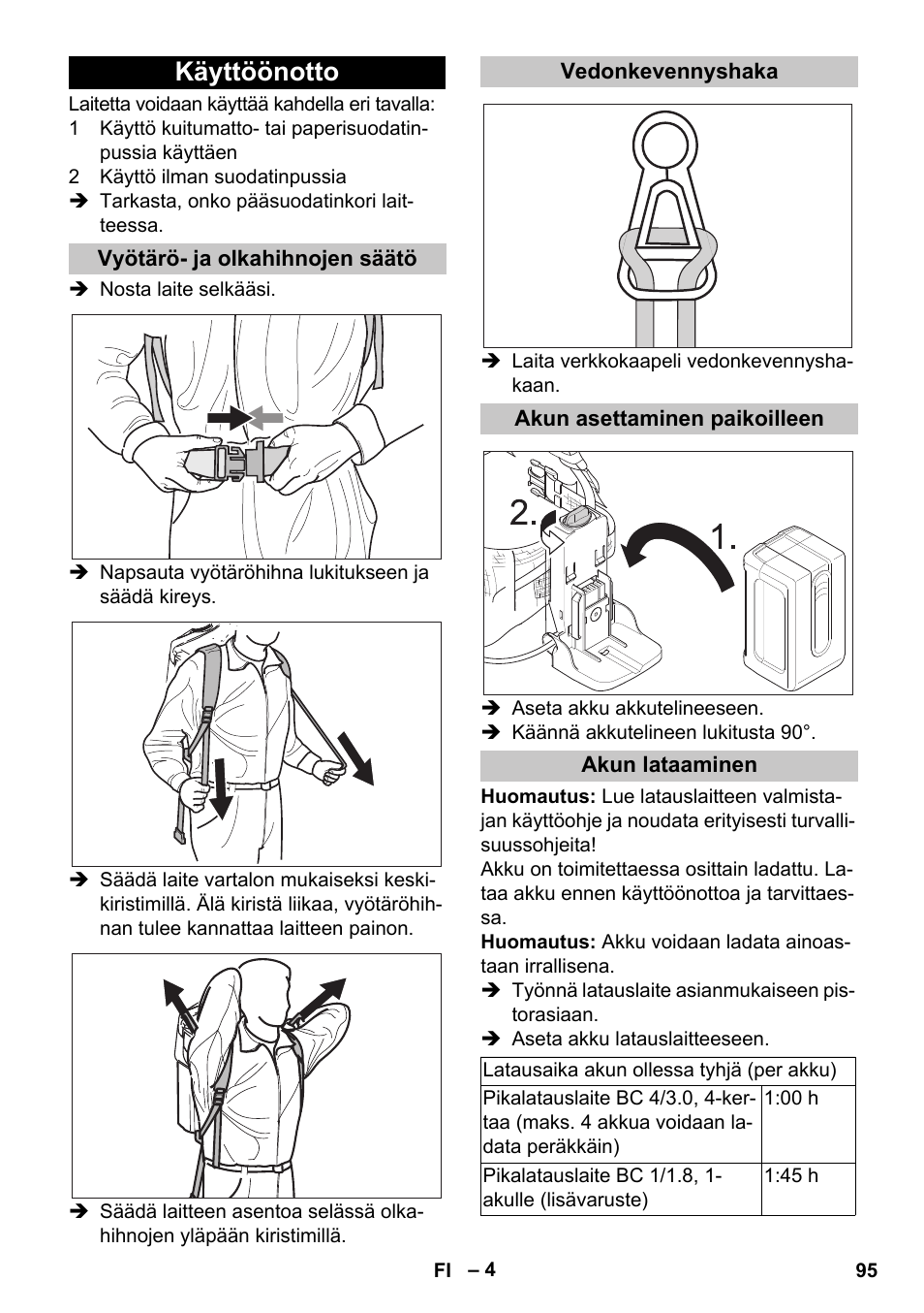 Käyttöönotto, Vyötärö- ja olkahihnojen säätö, Vedonkevennyshaka | Akun asettaminen paikoilleen, Akun lataaminen | Karcher BV 5-1 Bp User Manual | Page 95 / 248