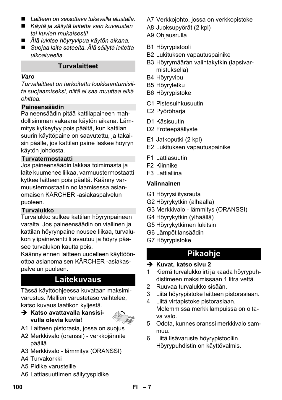 Laitekuvaus, Pikaohje | Karcher SC 1-030 B User Manual | Page 100 / 278