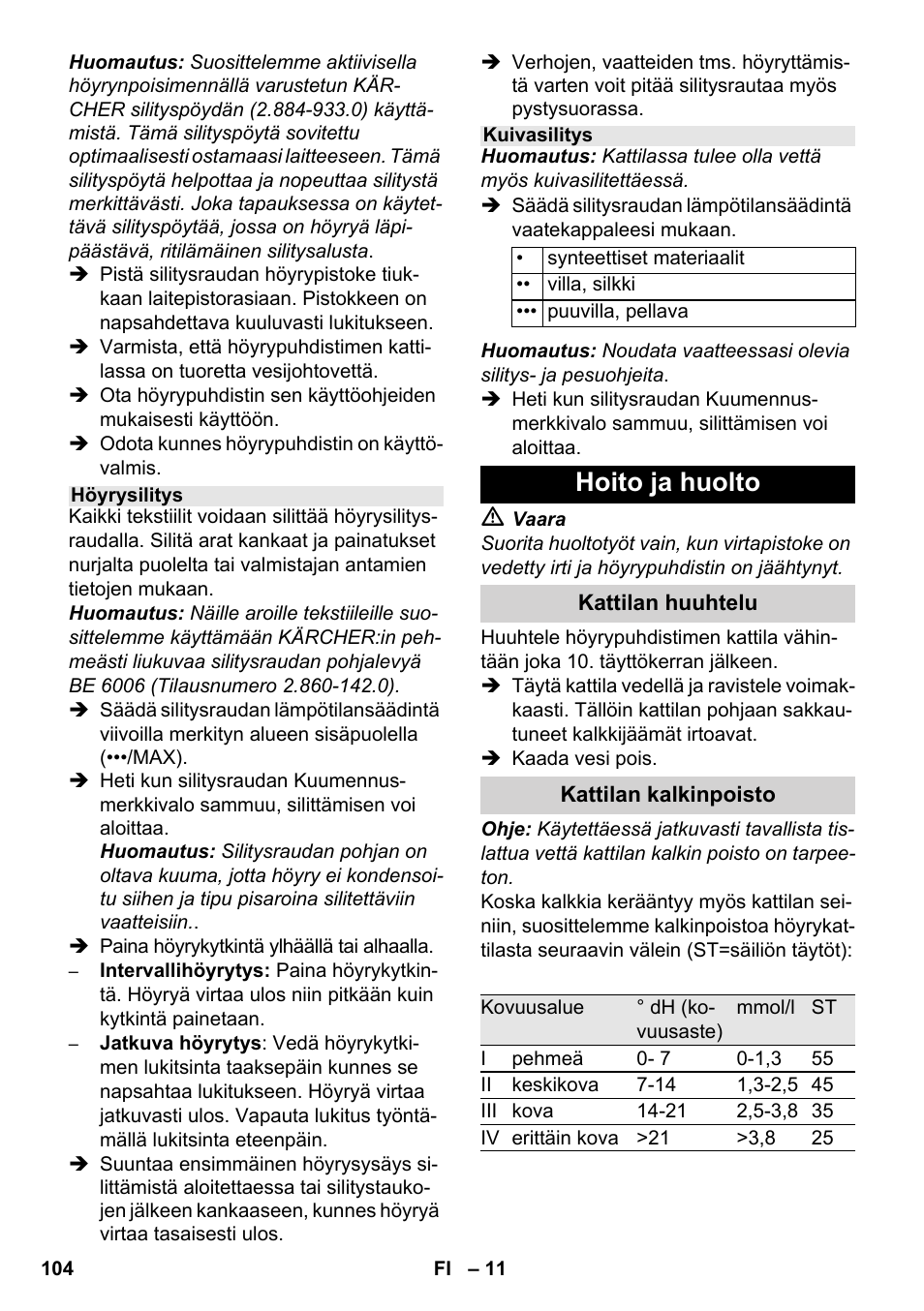 Hoito ja huolto | Karcher SC 1-030 B User Manual | Page 104 / 278