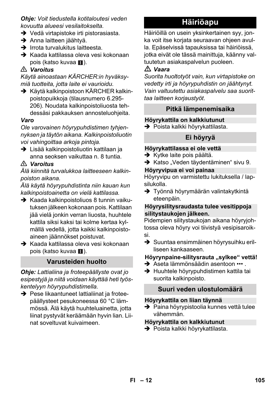 Häiriöapu | Karcher SC 1-030 B User Manual | Page 105 / 278