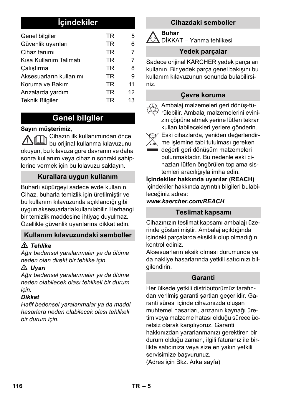 Türkçe, Içindekiler, Genel bilgiler | Karcher SC 1-030 B User Manual | Page 116 / 278