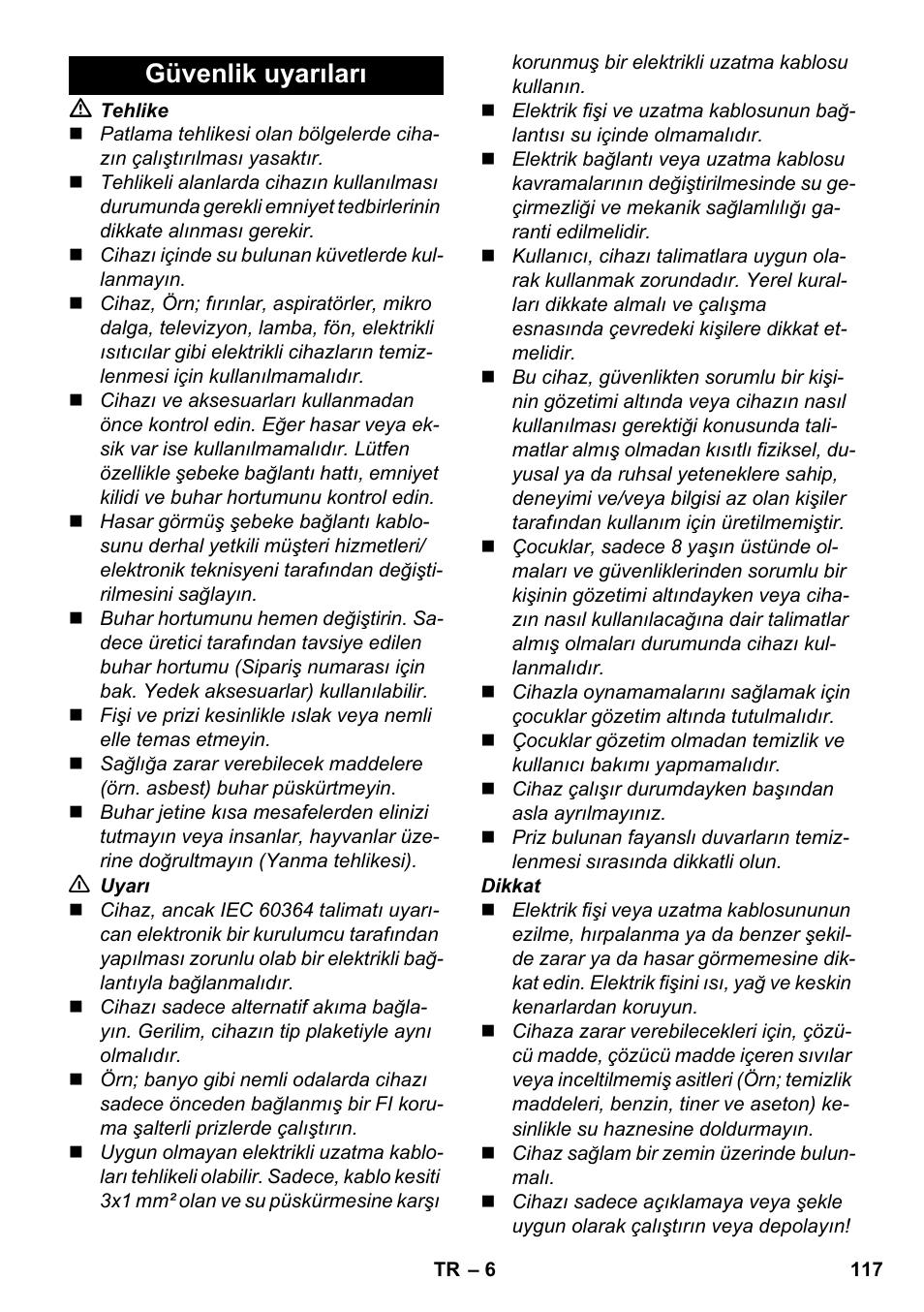 Güvenlik uyarıları | Karcher SC 1-030 B User Manual | Page 117 / 278