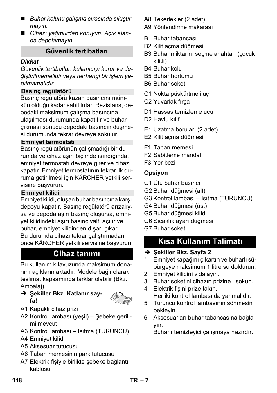 Cihaz tanımı, Kısa kullanım talimatı | Karcher SC 1-030 B User Manual | Page 118 / 278