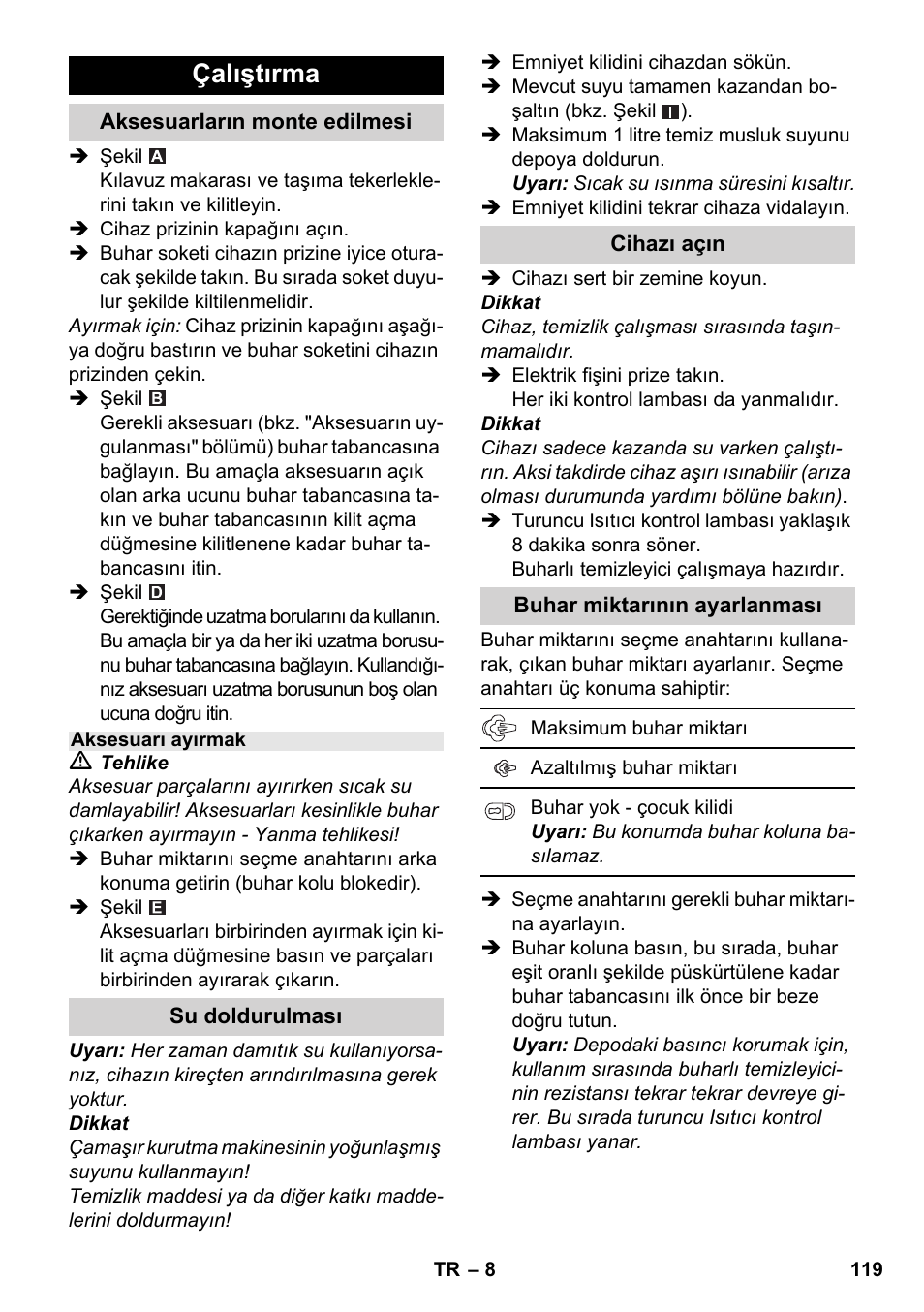 Çalıştırma | Karcher SC 1-030 B User Manual | Page 119 / 278