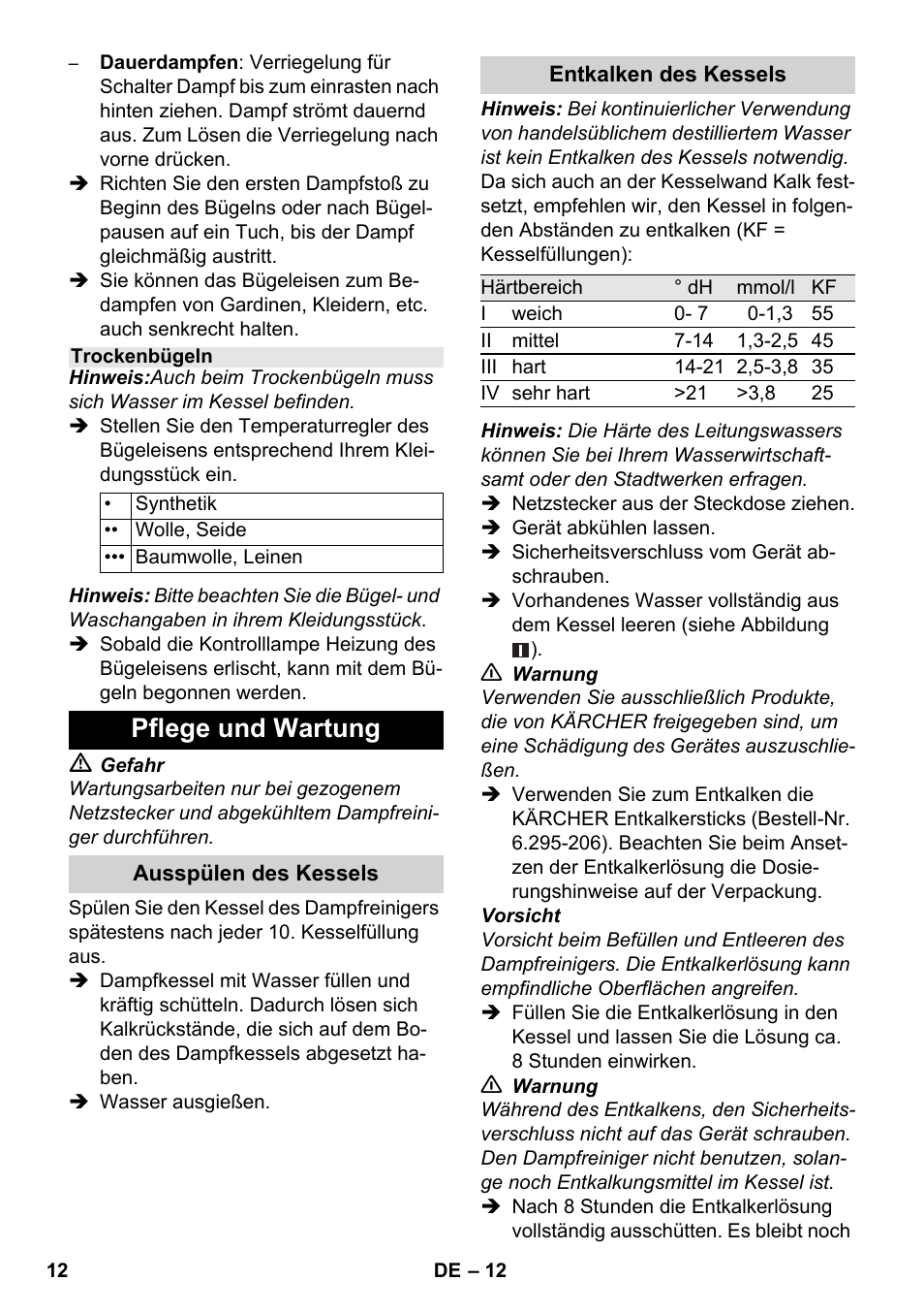 Pflege und wartung | Karcher SC 1-030 B User Manual | Page 12 / 278