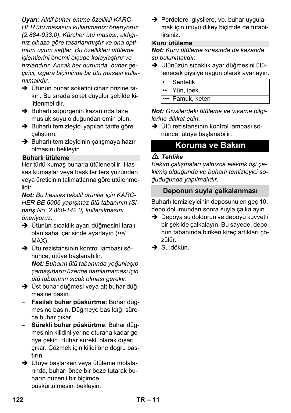 Koruma ve bakım | Karcher SC 1-030 B User Manual | Page 122 / 278