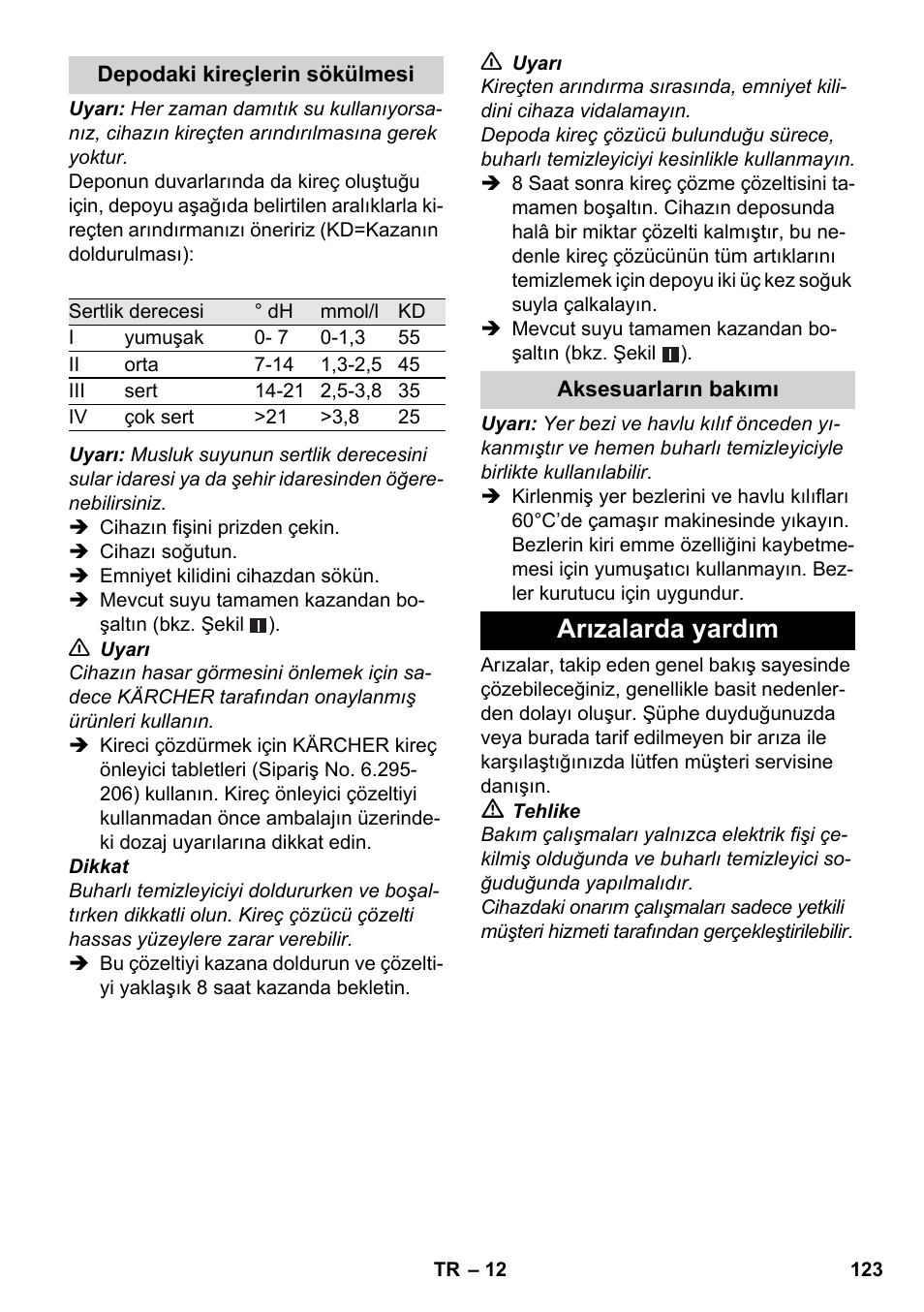 Arızalarda yardım | Karcher SC 1-030 B User Manual | Page 123 / 278