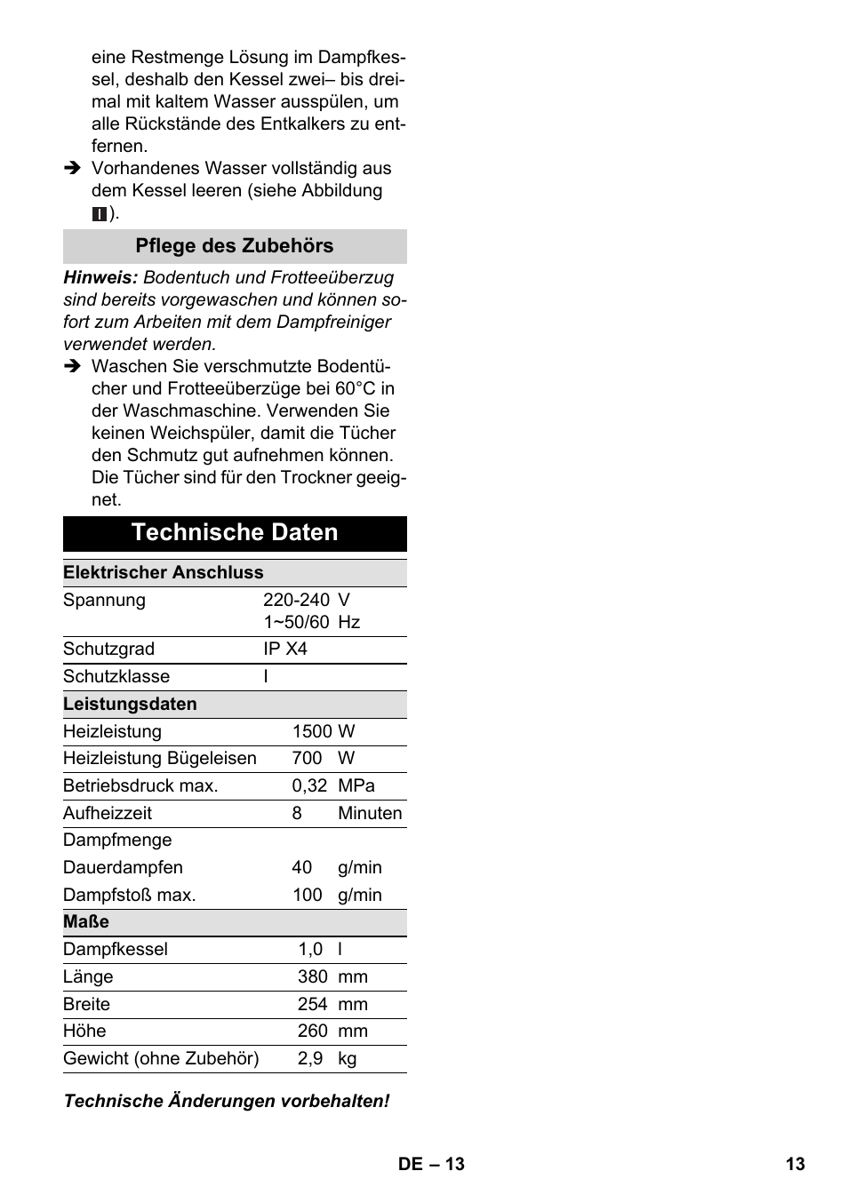 Technische daten | Karcher SC 1-030 B User Manual | Page 13 / 278