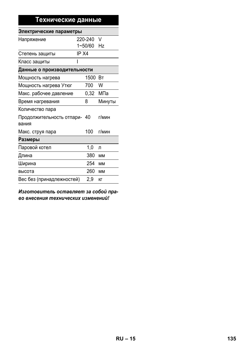 Технические данные | Karcher SC 1-030 B User Manual | Page 135 / 278