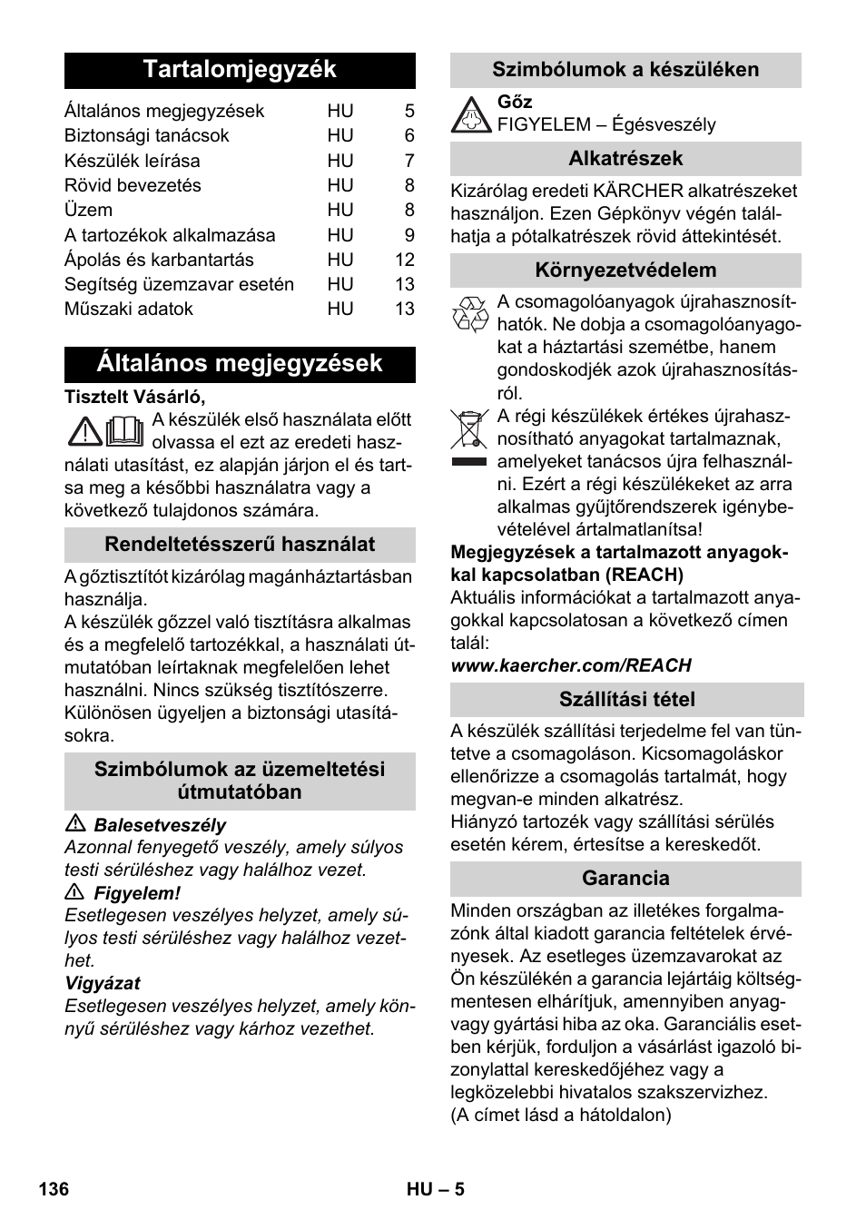 Magyar, Tartalomjegyzék, Általános megjegyzések | Karcher SC 1-030 B User Manual | Page 136 / 278