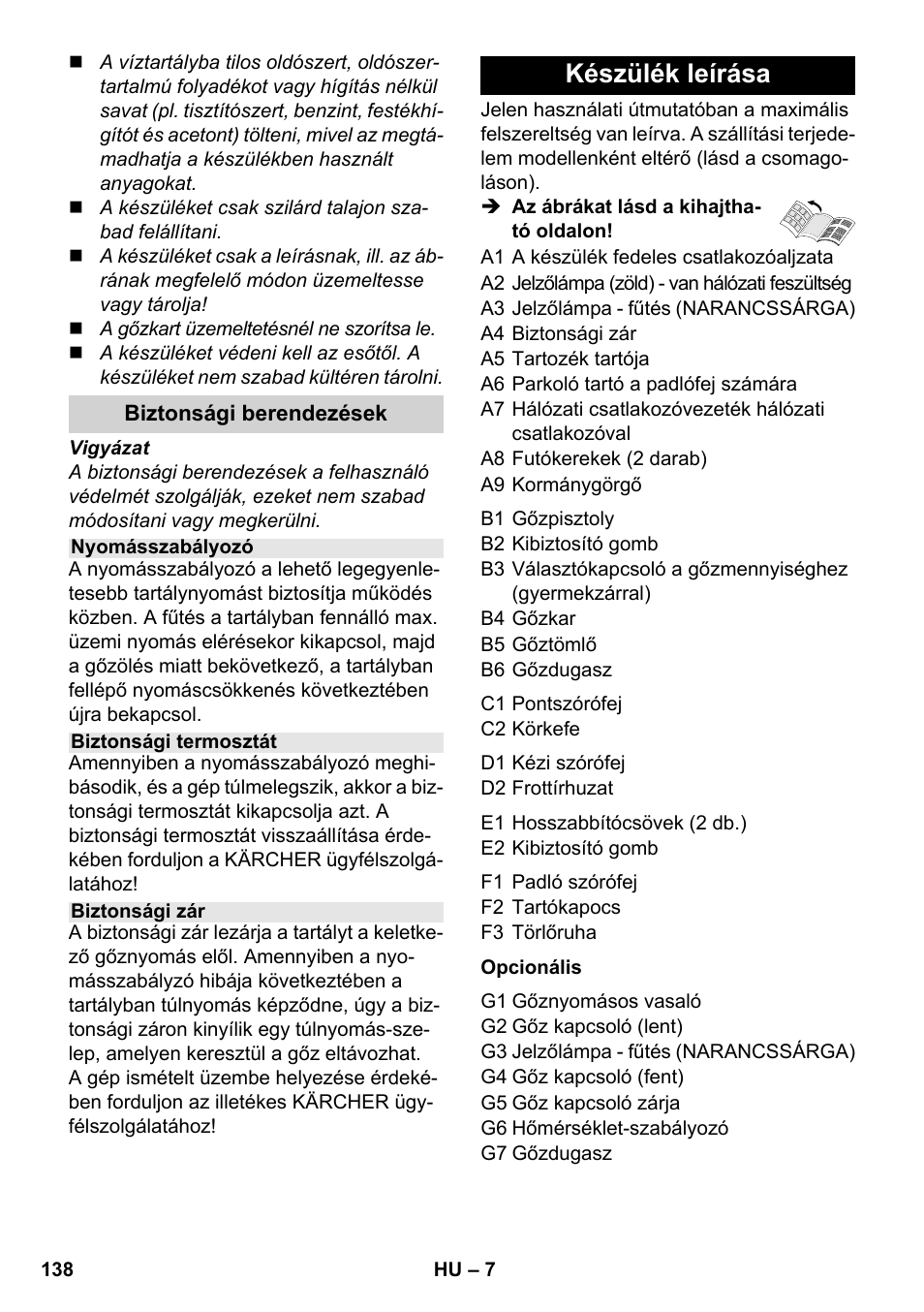 Készülék leírása | Karcher SC 1-030 B User Manual | Page 138 / 278