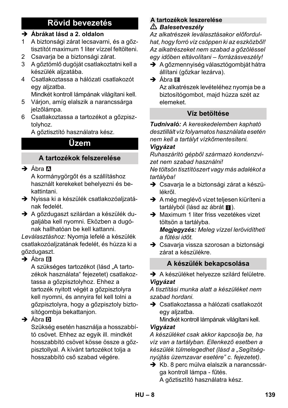 Rövid bevezetés üzem | Karcher SC 1-030 B User Manual | Page 139 / 278