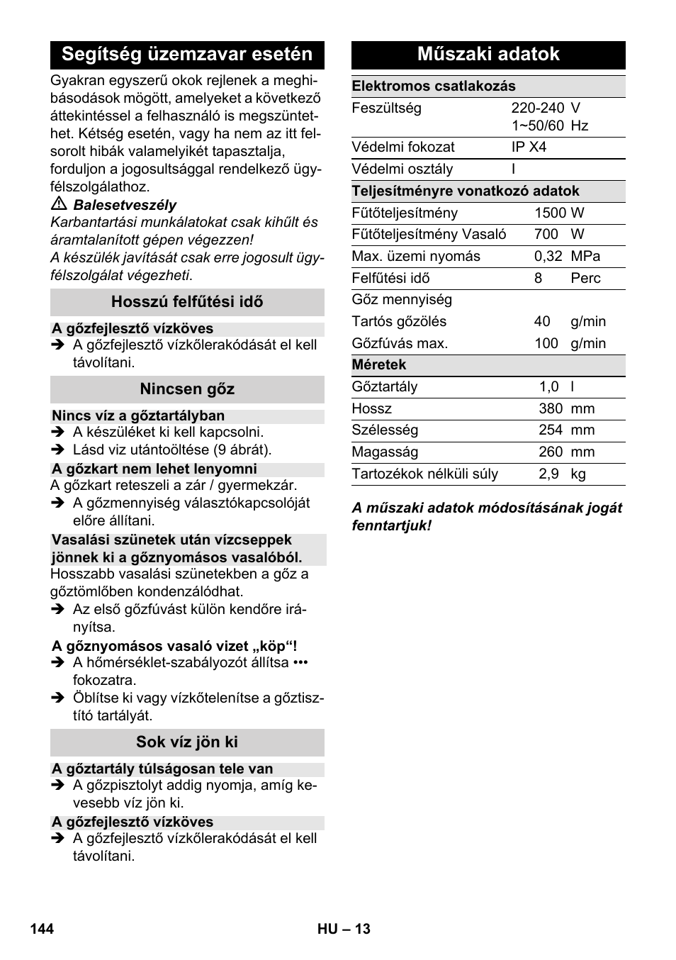 Segítség üzemzavar esetén, Műszaki adatok | Karcher SC 1-030 B User Manual | Page 144 / 278