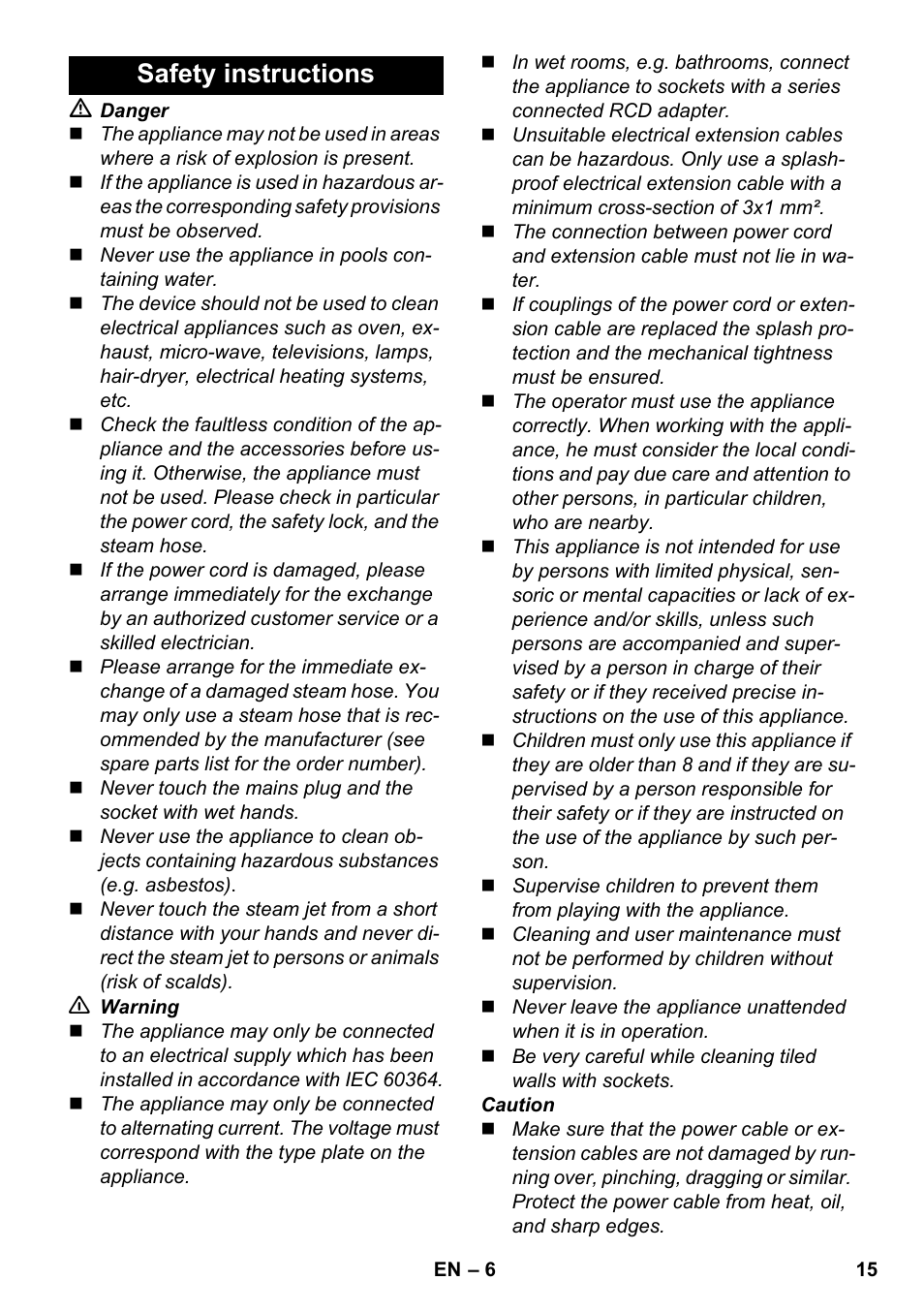 Safety instructions | Karcher SC 1-030 B User Manual | Page 15 / 278