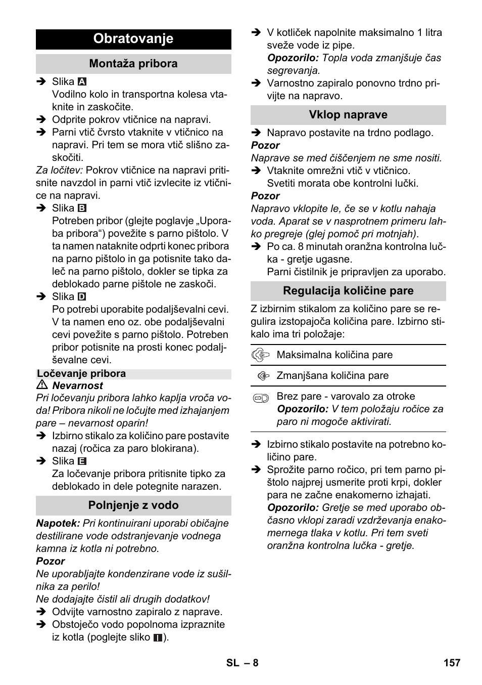 Obratovanje | Karcher SC 1-030 B User Manual | Page 157 / 278