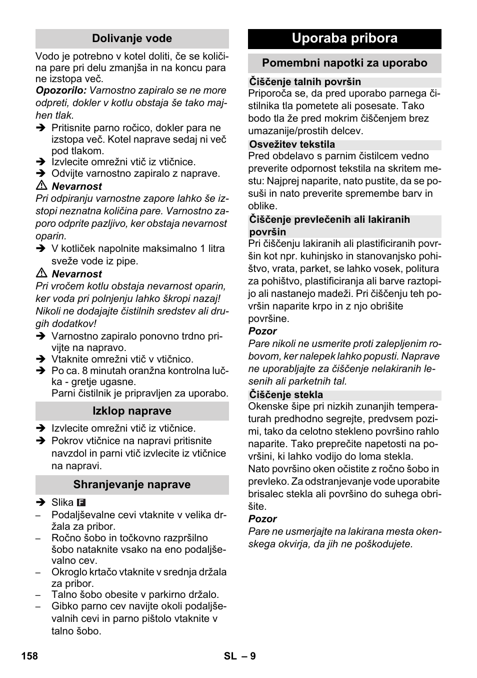 Uporaba pribora | Karcher SC 1-030 B User Manual | Page 158 / 278