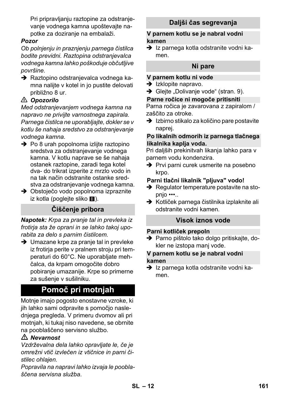 Pomoč pri motnjah | Karcher SC 1-030 B User Manual | Page 161 / 278