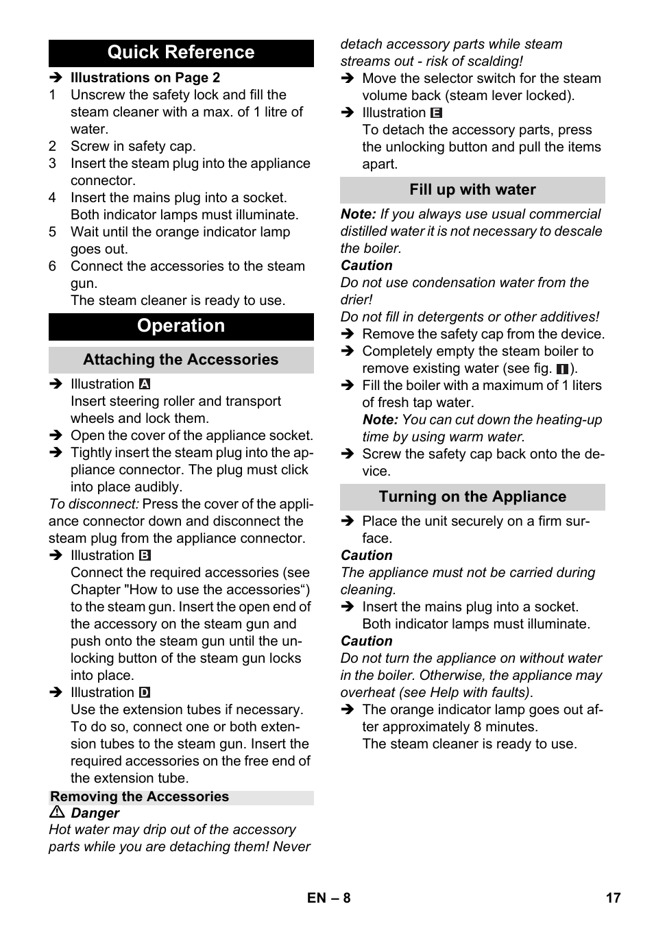 Quick reference operation | Karcher SC 1-030 B User Manual | Page 17 / 278