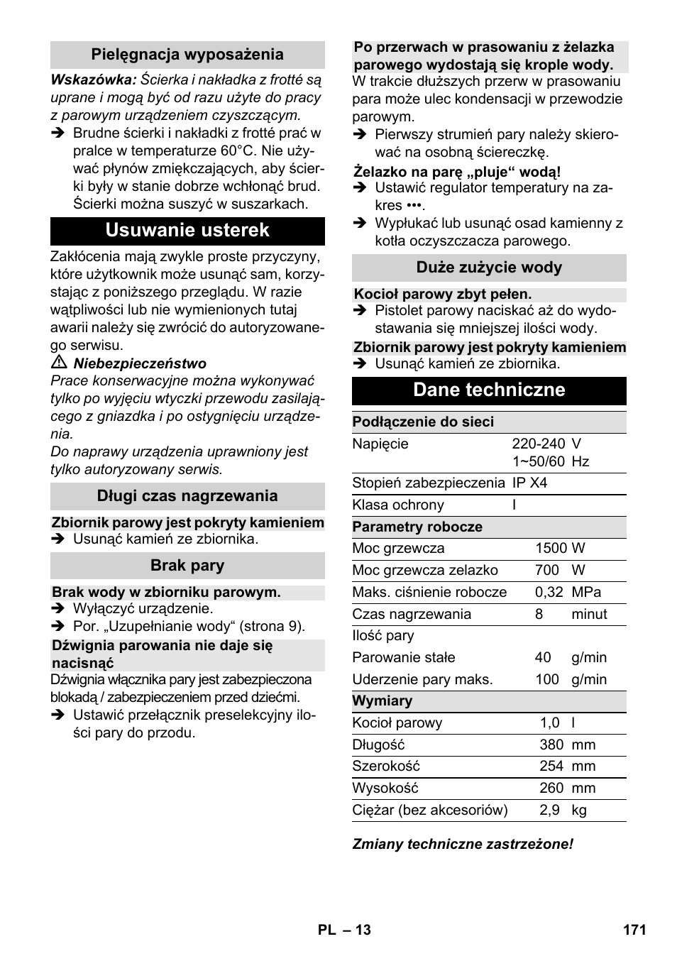 Usuwanie usterek, Dane techniczne | Karcher SC 1-030 B User Manual | Page 171 / 278