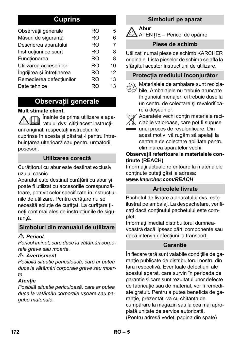 Româneşte, Cuprins, Observaţii generale | Karcher SC 1-030 B User Manual | Page 172 / 278