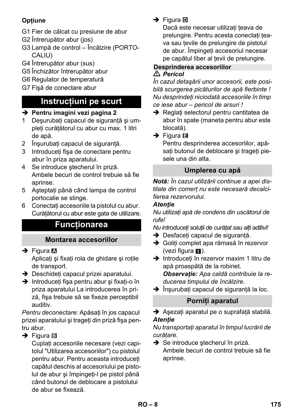 Instrucţiuni pe scurt funcţionarea | Karcher SC 1-030 B User Manual | Page 175 / 278