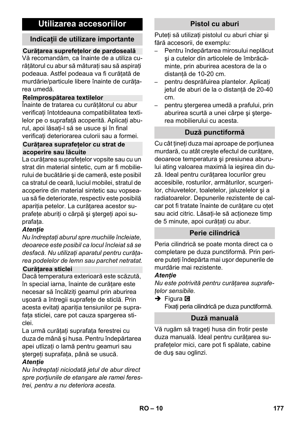 Utilizarea accesoriilor | Karcher SC 1-030 B User Manual | Page 177 / 278