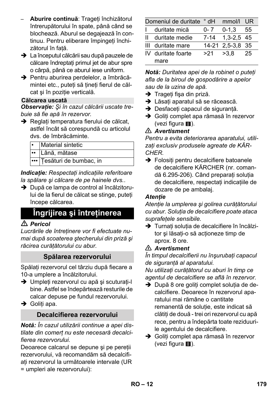 Îngrijirea şi întreţinerea | Karcher SC 1-030 B User Manual | Page 179 / 278