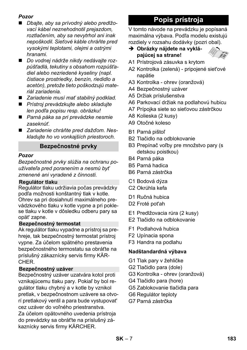 Popis prístroja | Karcher SC 1-030 B User Manual | Page 183 / 278