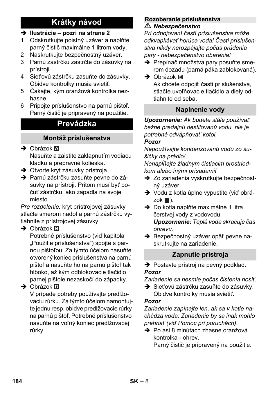 Krátky návod prevádzka | Karcher SC 1-030 B User Manual | Page 184 / 278