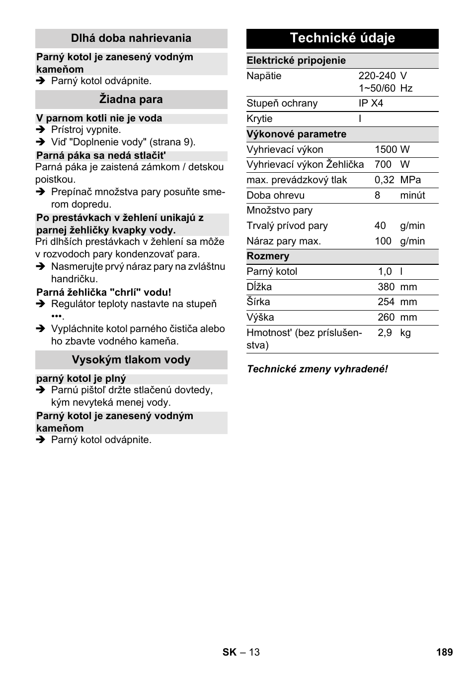 Technické údaje | Karcher SC 1-030 B User Manual | Page 189 / 278