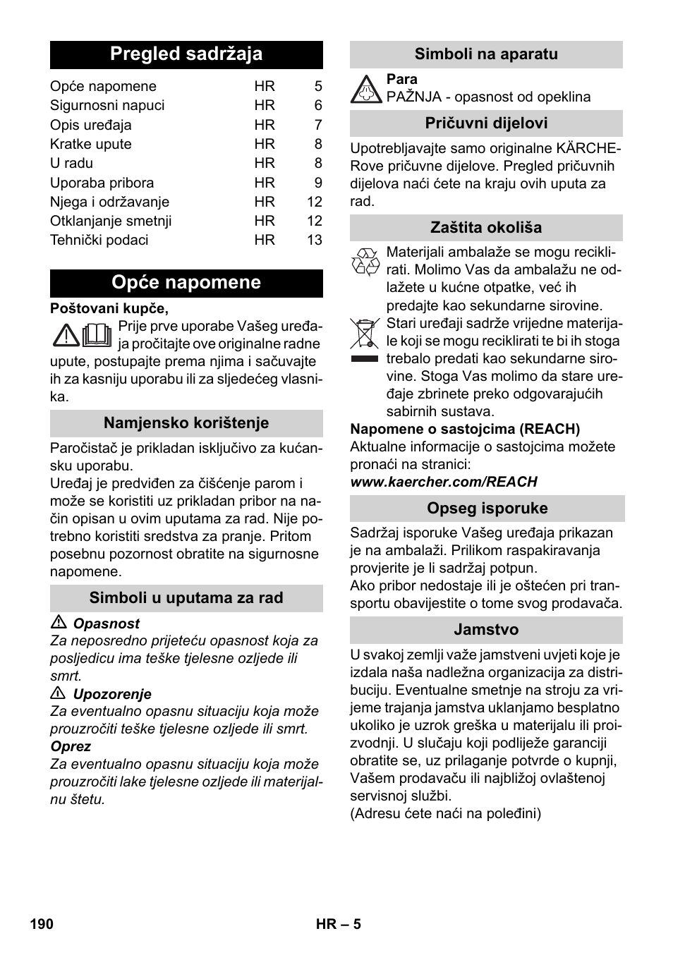 Hrvatski, Pregled sadržaja, Opće napomene | Karcher SC 1-030 B User Manual | Page 190 / 278