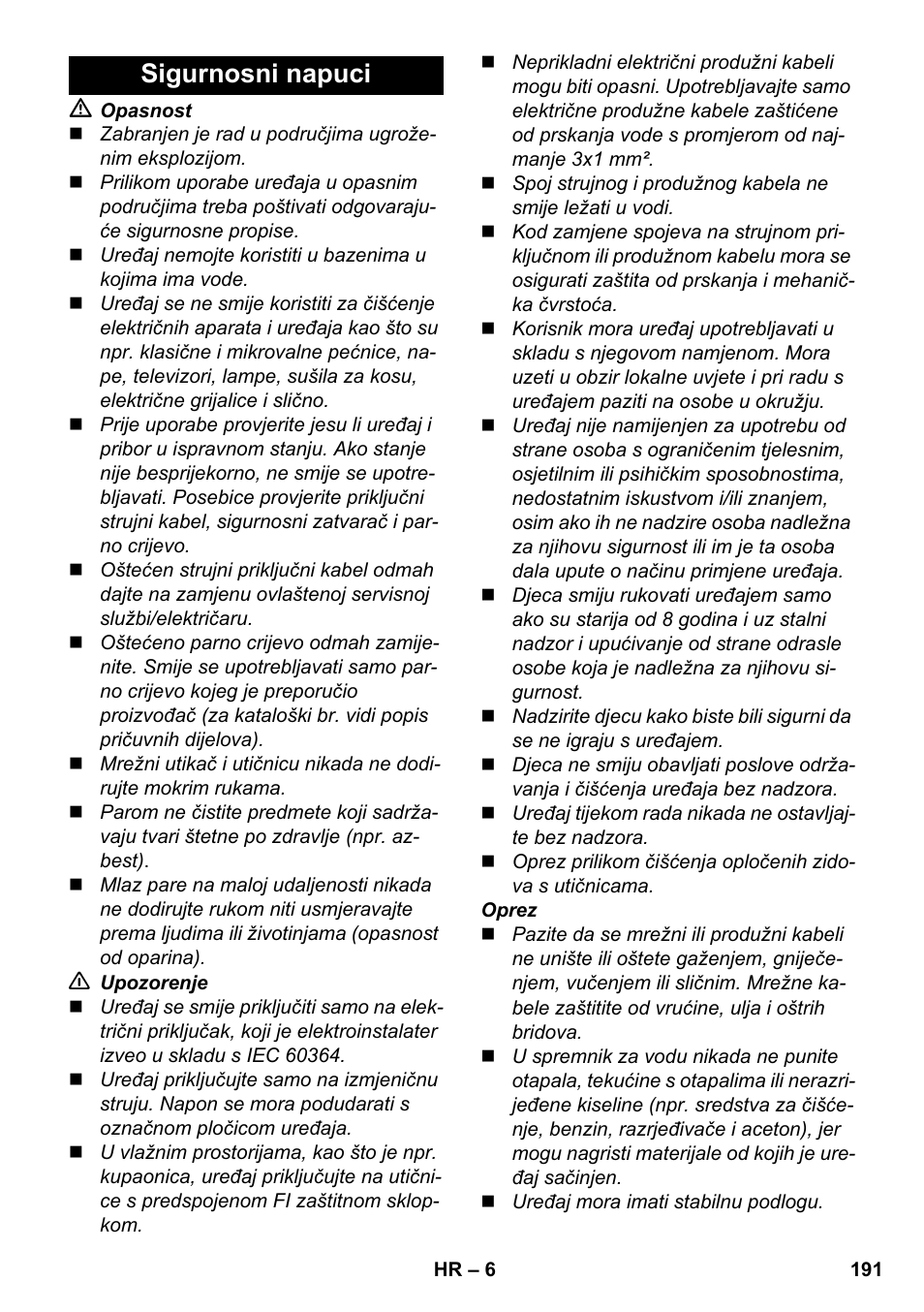 Sigurnosni napuci | Karcher SC 1-030 B User Manual | Page 191 / 278