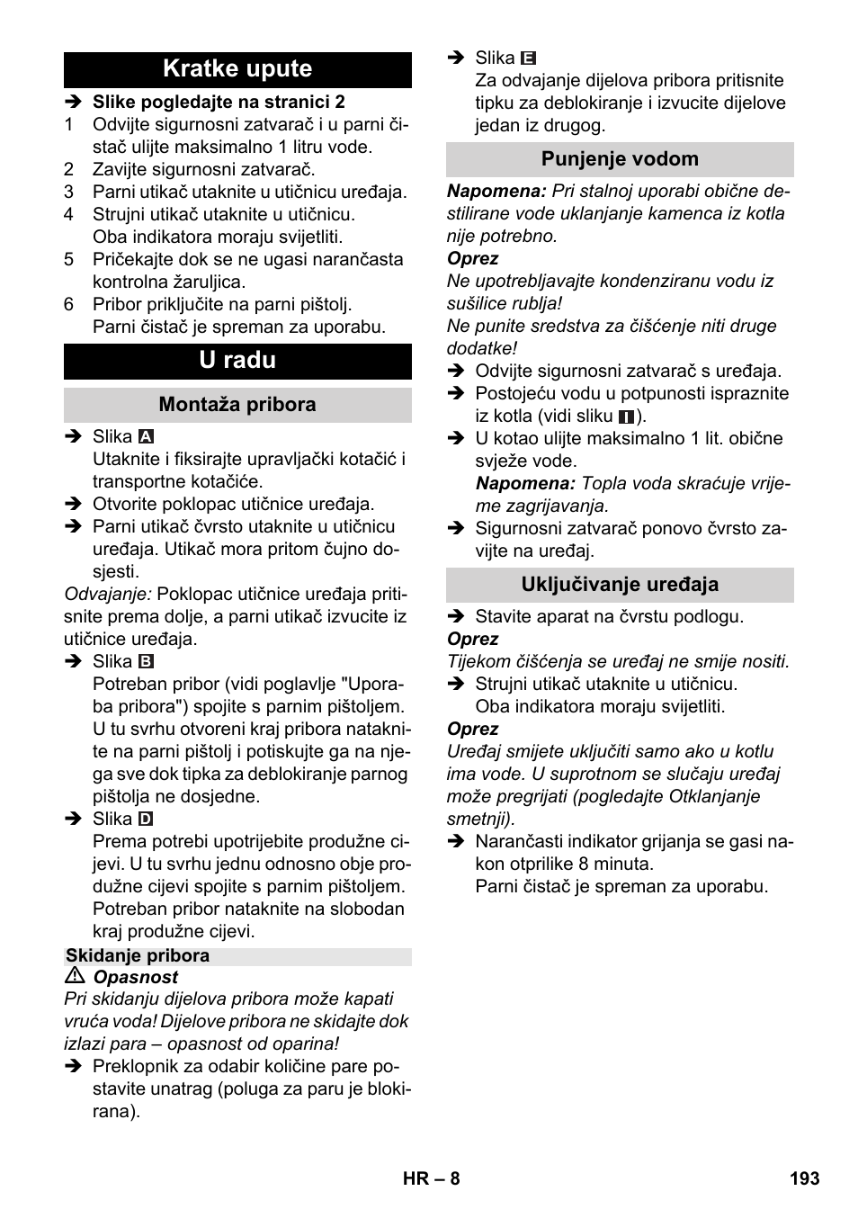 Kratke upute u radu | Karcher SC 1-030 B User Manual | Page 193 / 278