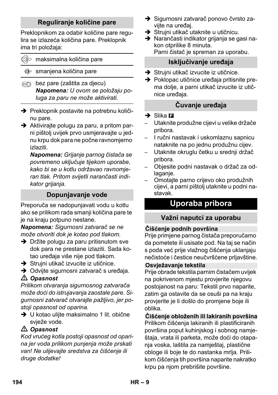 Uporaba pribora | Karcher SC 1-030 B User Manual | Page 194 / 278