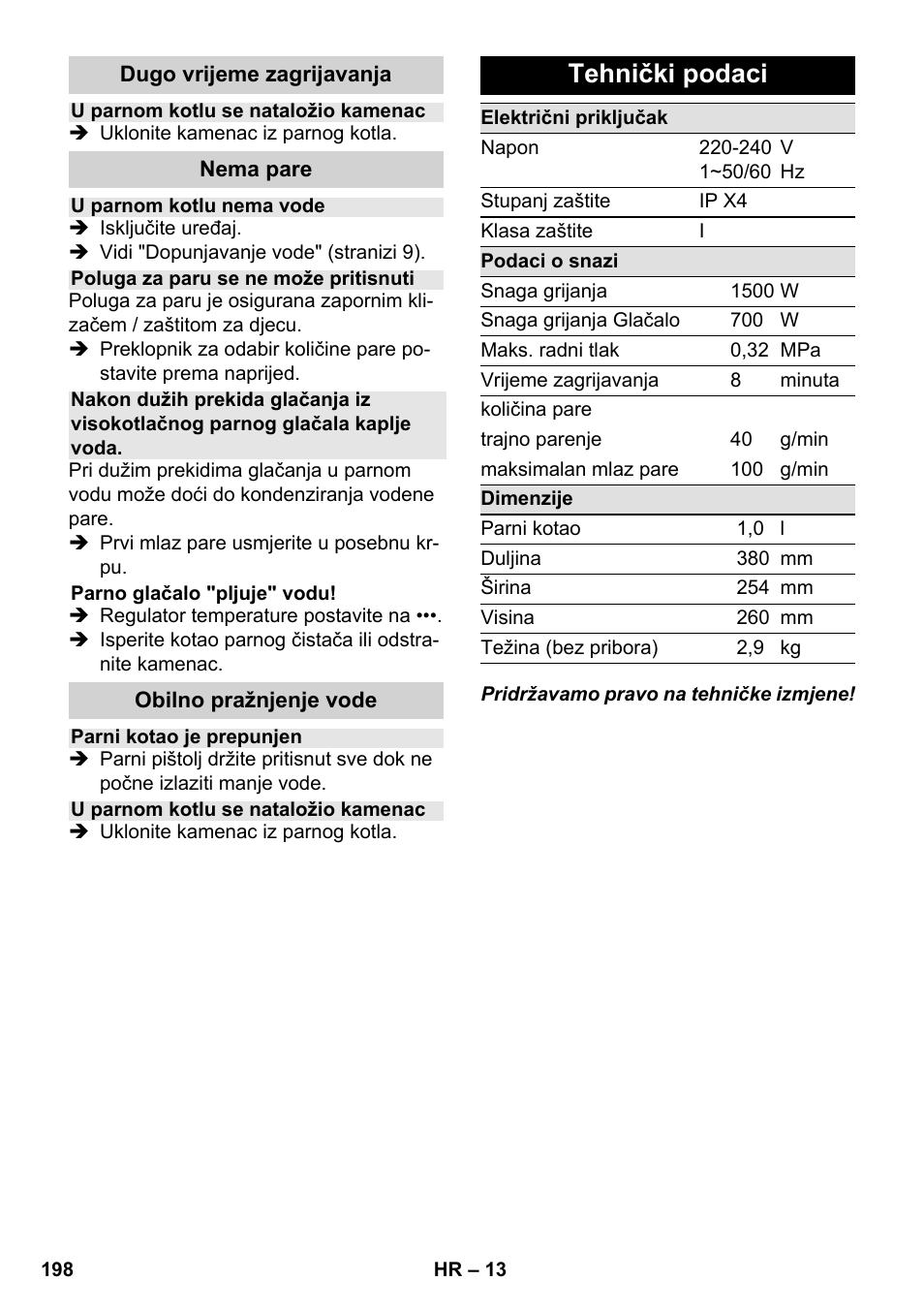 Tehnički podaci | Karcher SC 1-030 B User Manual | Page 198 / 278