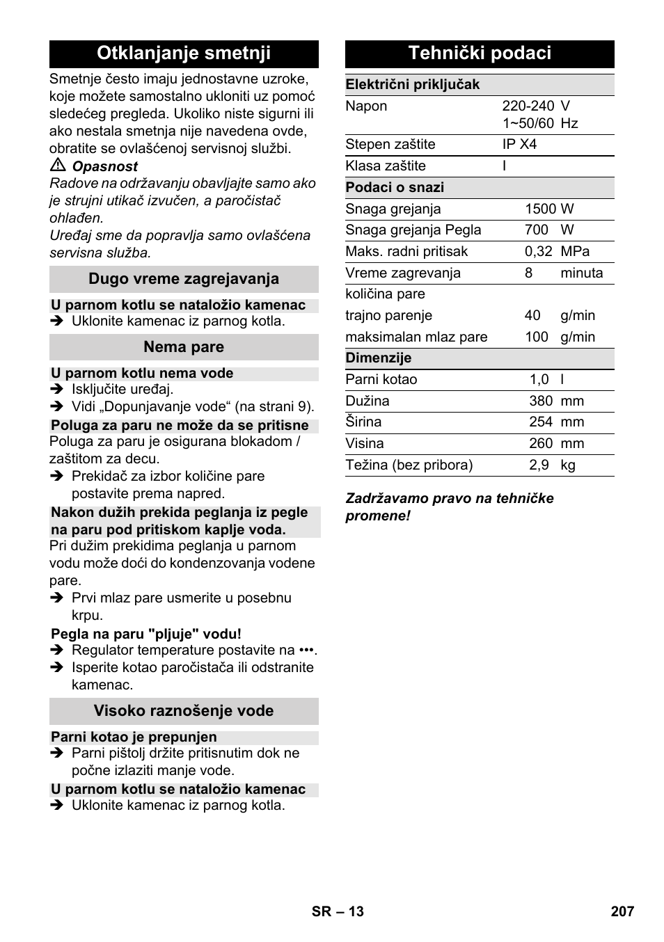 Otklanjanje smetnji, Tehnički podaci | Karcher SC 1-030 B User Manual | Page 207 / 278