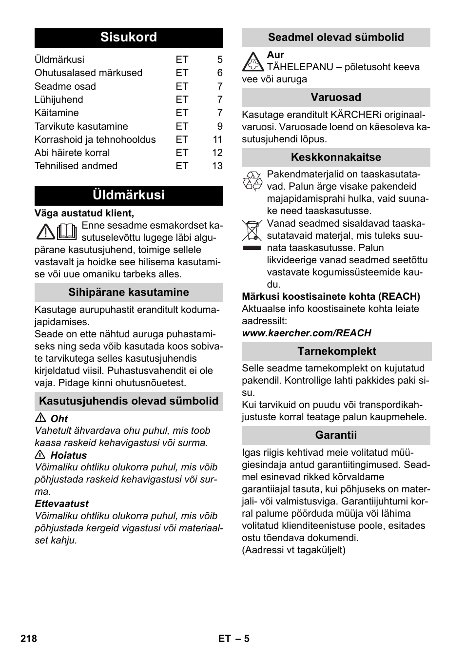 Eesti, Sisukord, Üldmärkusi | Karcher SC 1-030 B User Manual | Page 218 / 278