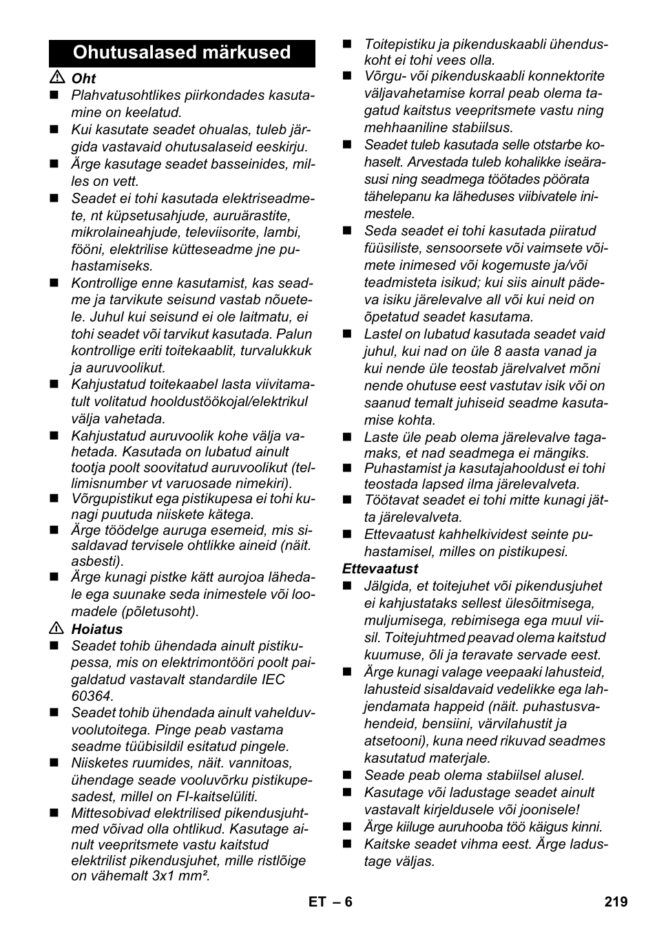 Ohutusalased märkused | Karcher SC 1-030 B User Manual | Page 219 / 278