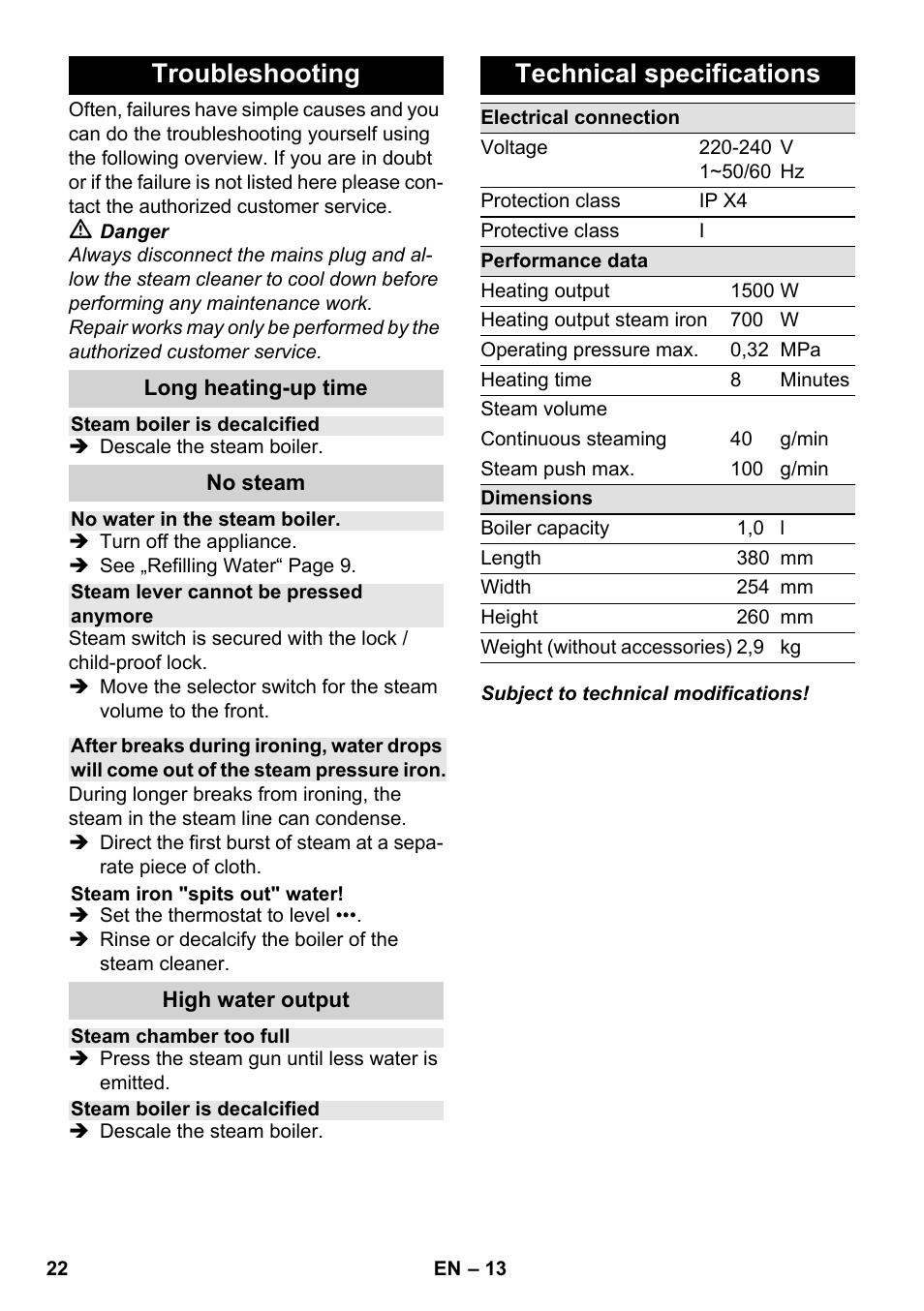 Troubleshooting, Technical specifications | Karcher SC 1-030 B User Manual | Page 22 / 278