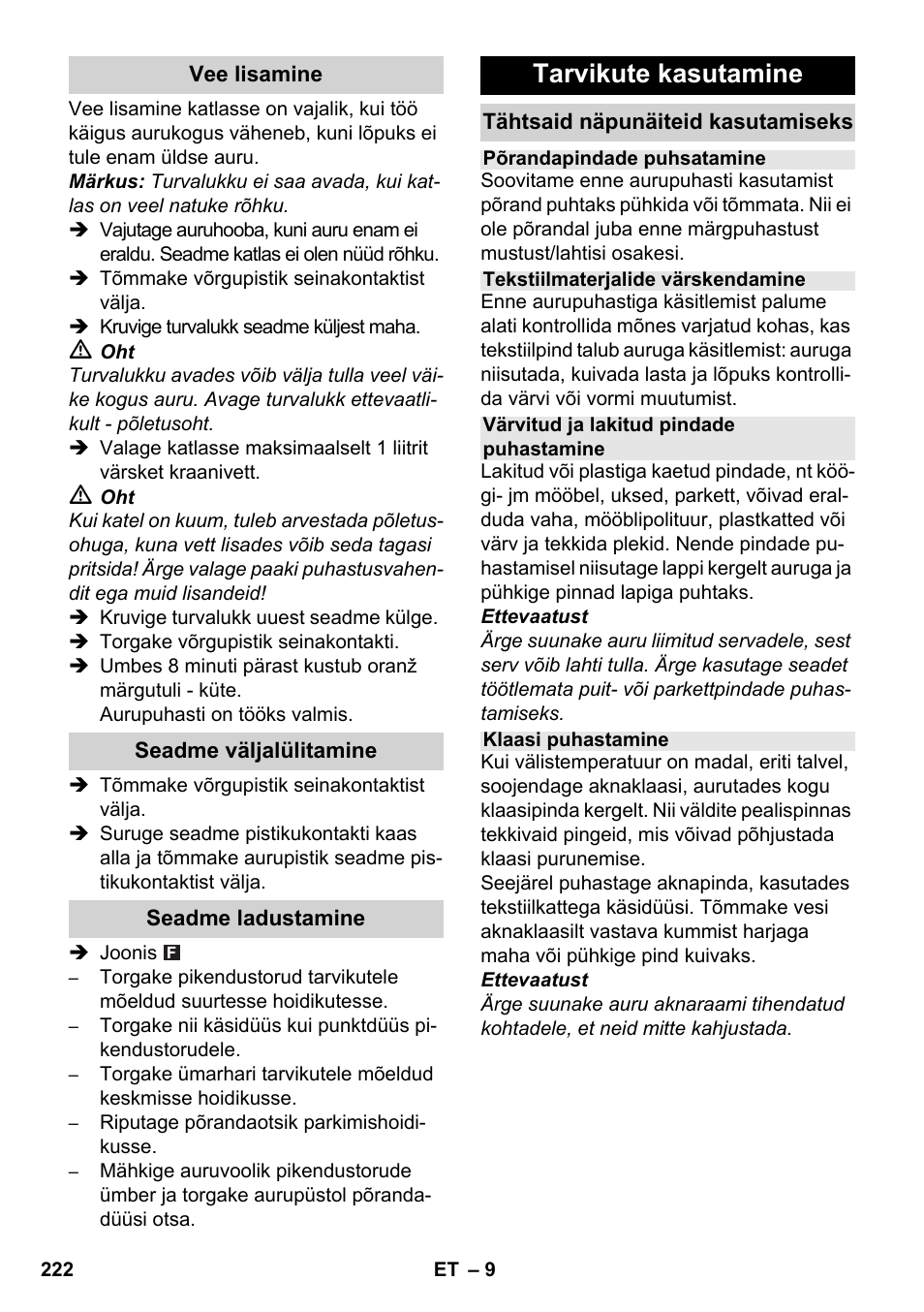 Tarvikute kasutamine | Karcher SC 1-030 B User Manual | Page 222 / 278