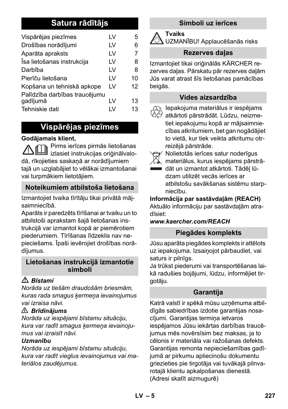 Latviešu, Satura rādītājs, Vispārējas piezīmes | Karcher SC 1-030 B User Manual | Page 227 / 278