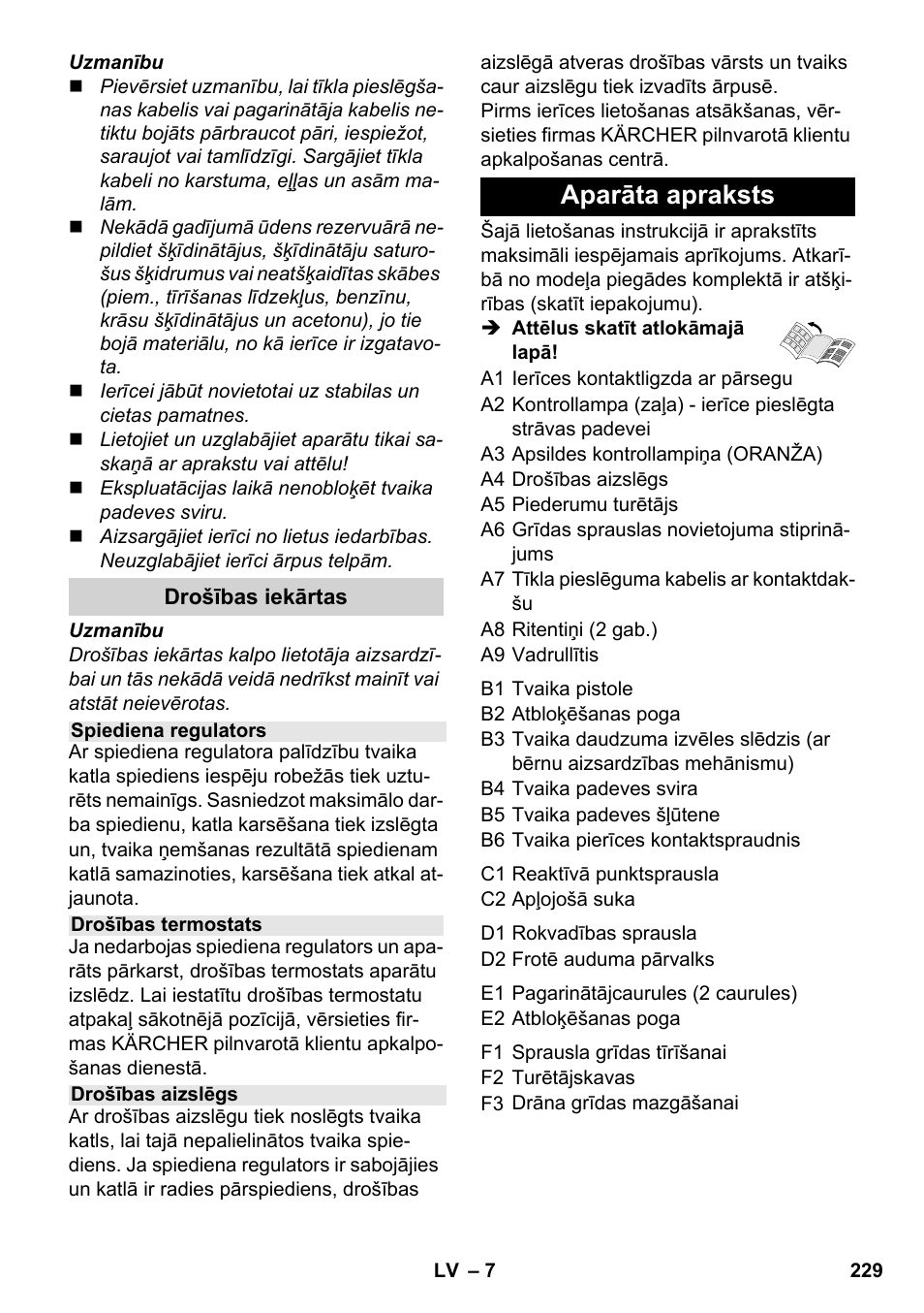 Aparāta apraksts | Karcher SC 1-030 B User Manual | Page 229 / 278