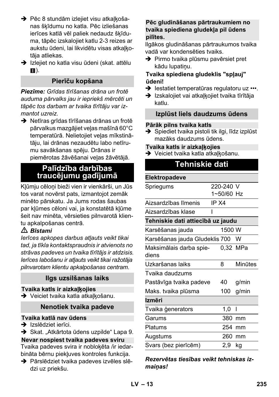 Palīdzība darbības traucējumu gadījumā, Tehniskie dati | Karcher SC 1-030 B User Manual | Page 235 / 278