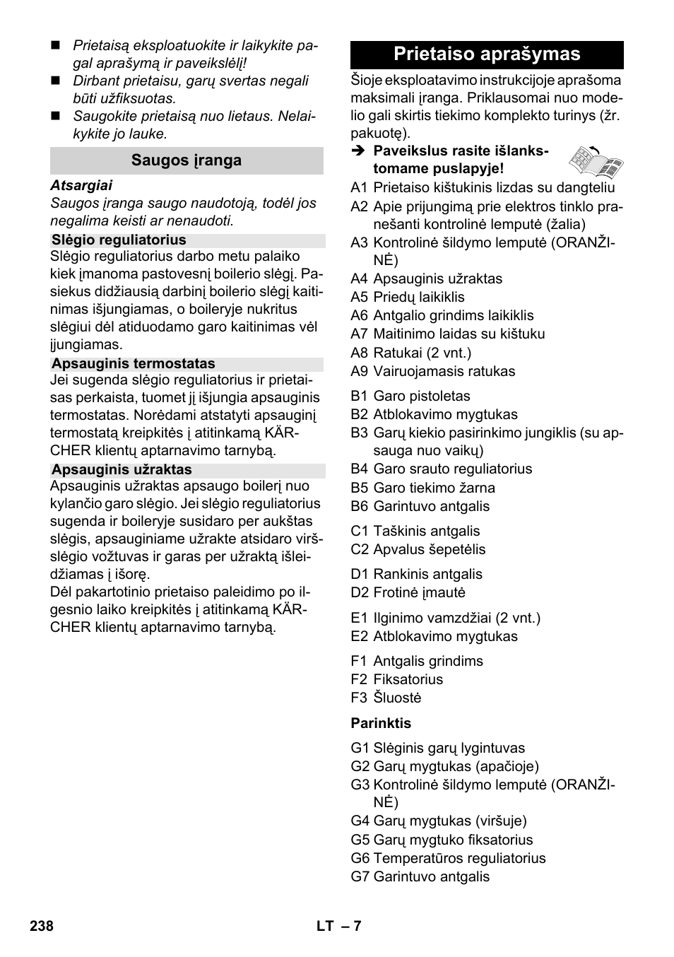 Prietaiso aprašymas | Karcher SC 1-030 B User Manual | Page 238 / 278