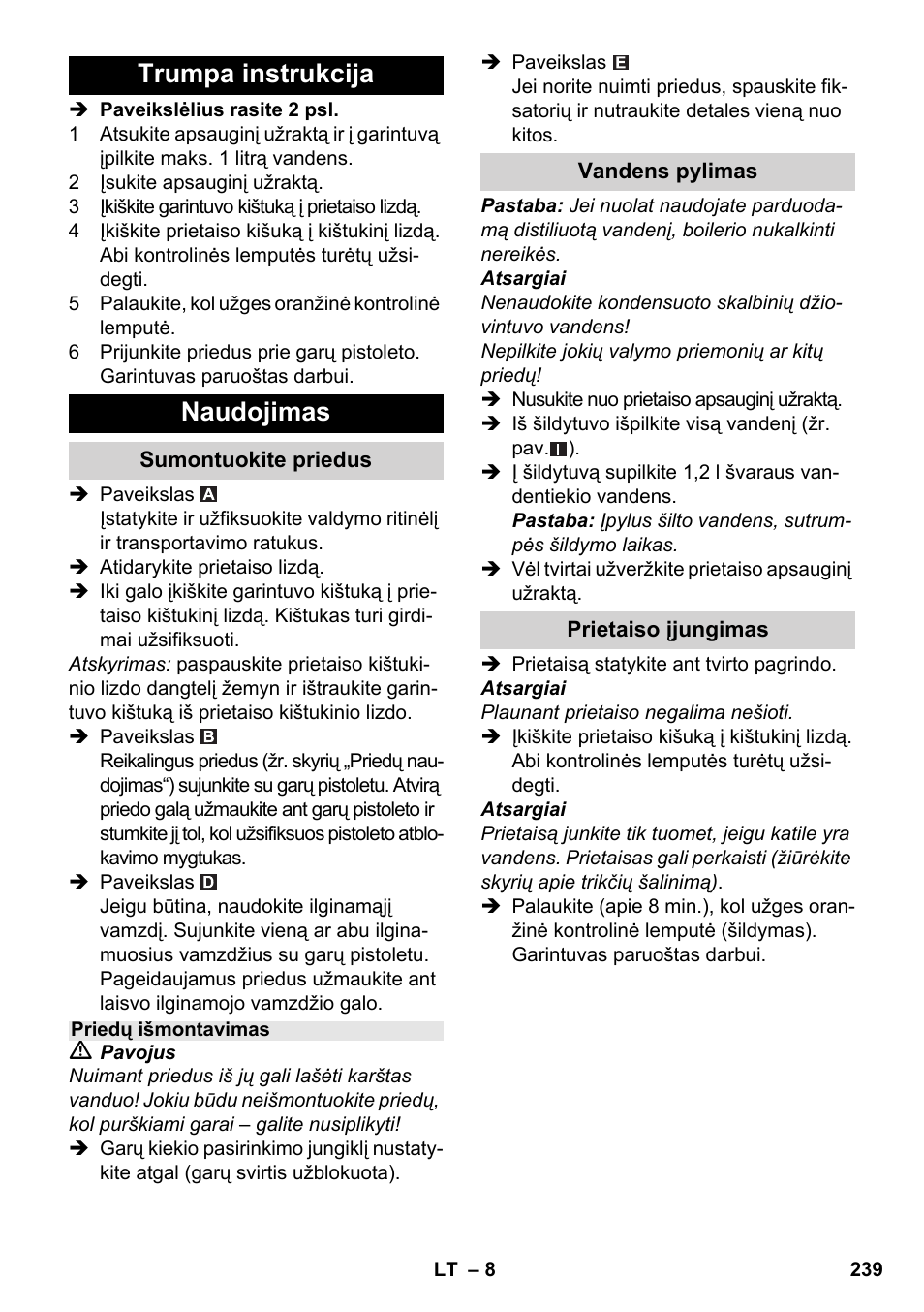 Trumpa instrukcija naudojimas | Karcher SC 1-030 B User Manual | Page 239 / 278