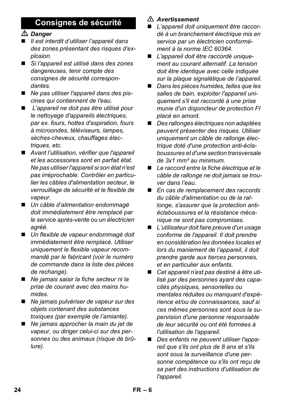 Consignes de sécurité | Karcher SC 1-030 B User Manual | Page 24 / 278