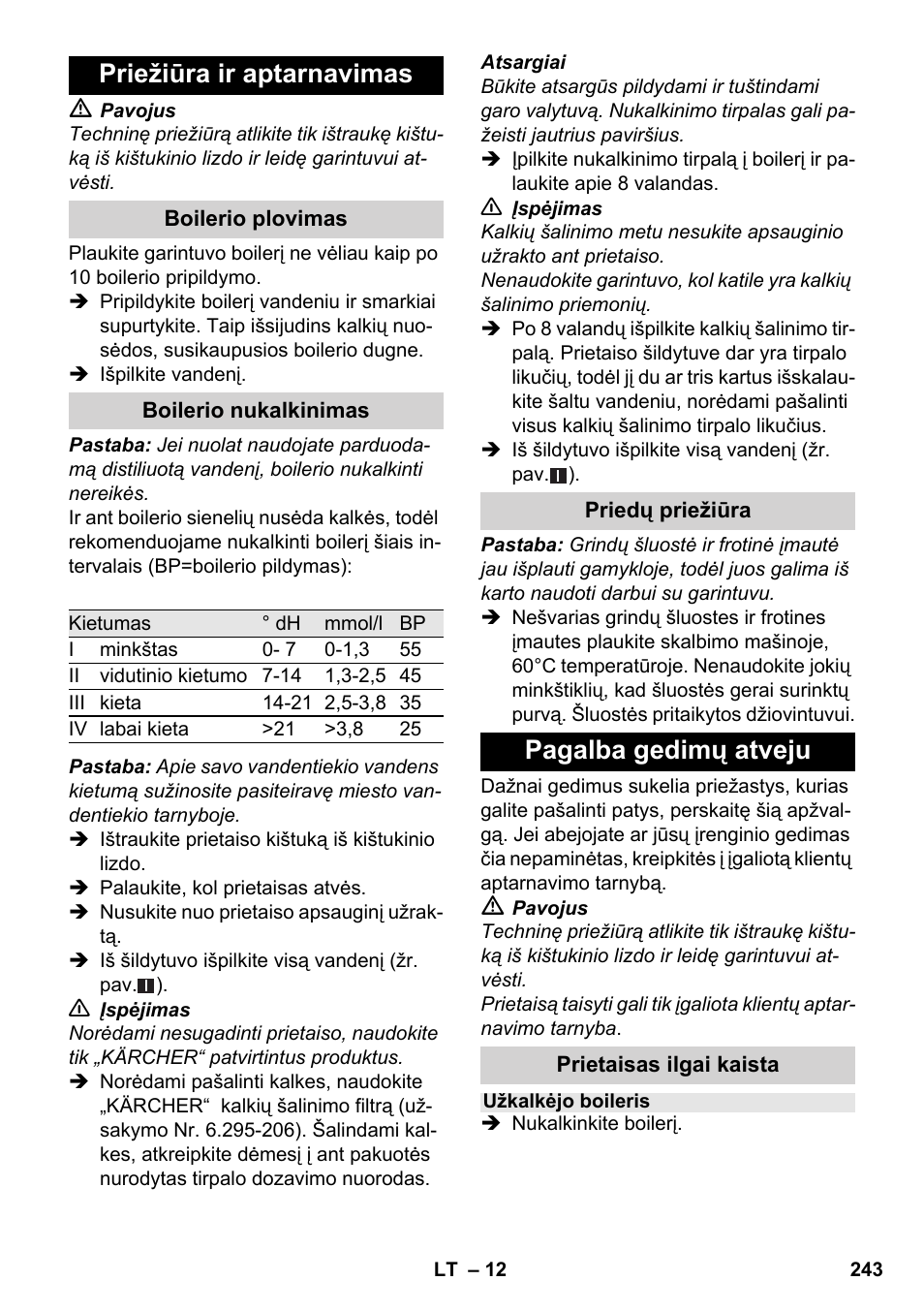 Priežiūra ir aptarnavimas, Pagalba gedimų atveju | Karcher SC 1-030 B User Manual | Page 243 / 278