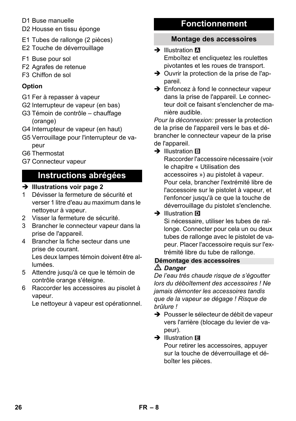 Instructions abrégées fonctionnement | Karcher SC 1-030 B User Manual | Page 26 / 278