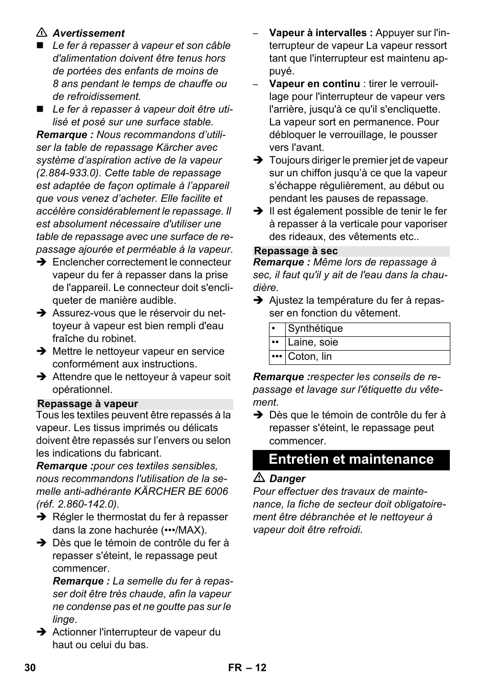 Entretien et maintenance | Karcher SC 1-030 B User Manual | Page 30 / 278