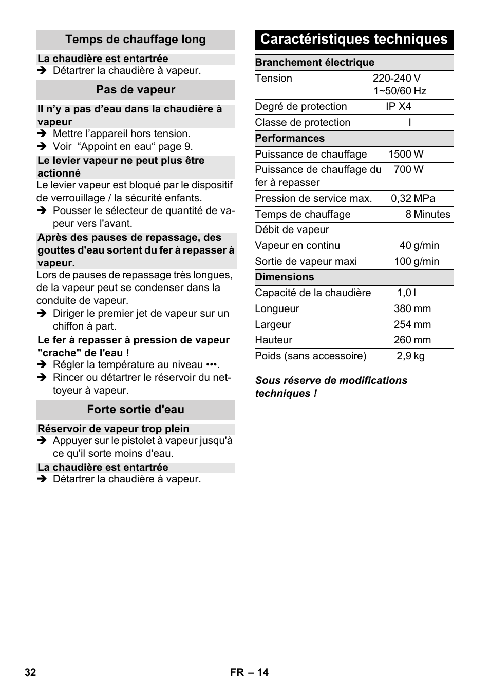 Caractéristiques techniques | Karcher SC 1-030 B User Manual | Page 32 / 278